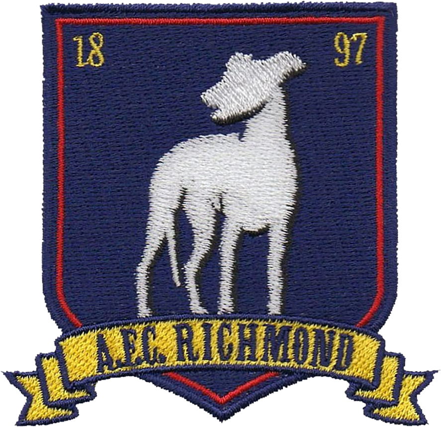 An embroidered AFC Richmond crest patch from Ted Lasso: a white greyhound on a navy shield with 1897 either side and a gold A.F.C. RICHMOND ribbon, fixed to the board with a safety pin