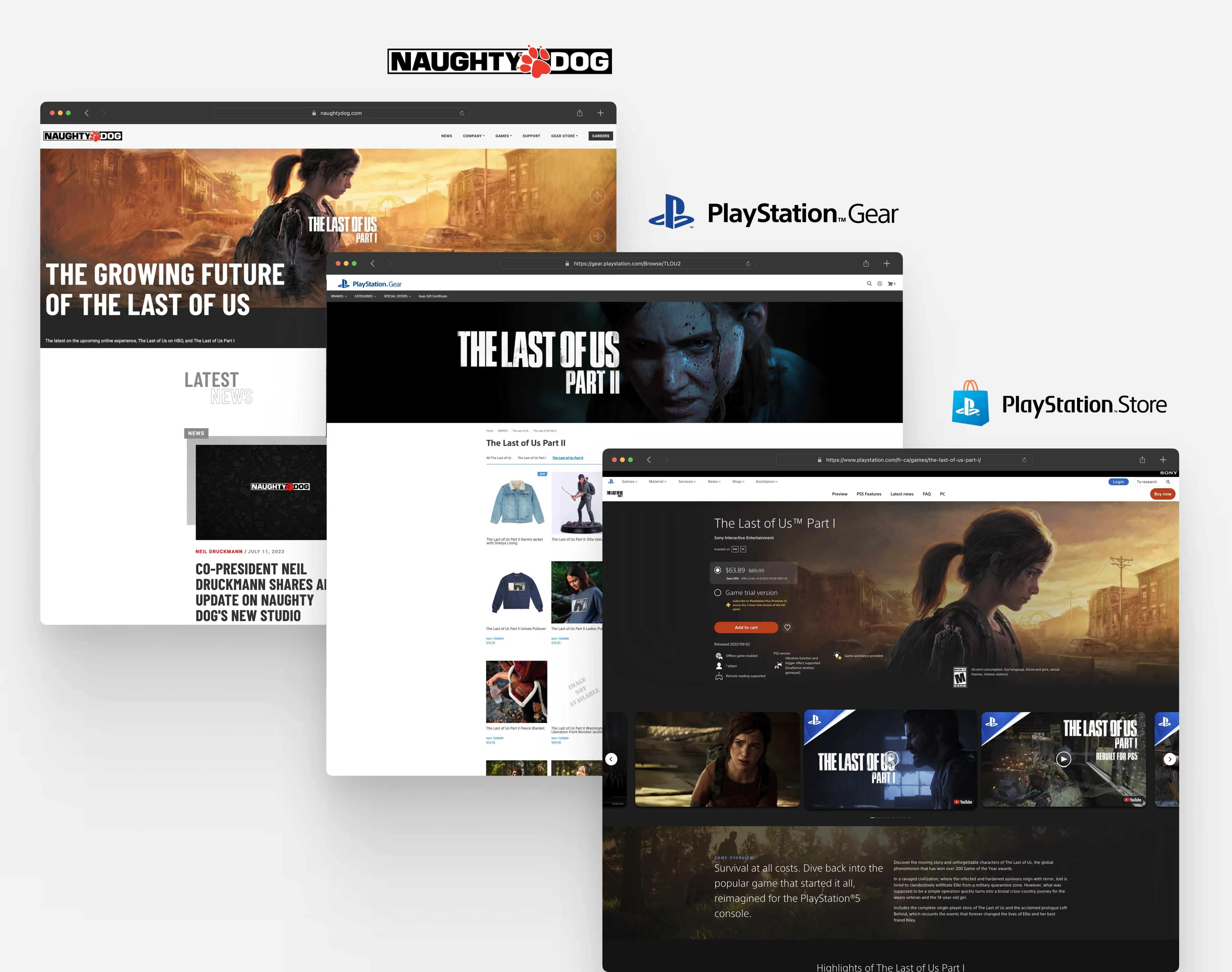 The 2023 naughtydog.com homepage and About page: polished key art up front, with little behind it.