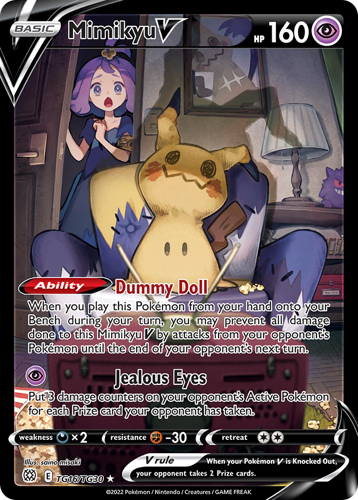 Mimikyu V, a Trainer Gallery Pokémon card from Lost Origin (TG16/TG30): Mimikyu in its Pikachu disguise on a bed, with Acerola peeking in behind