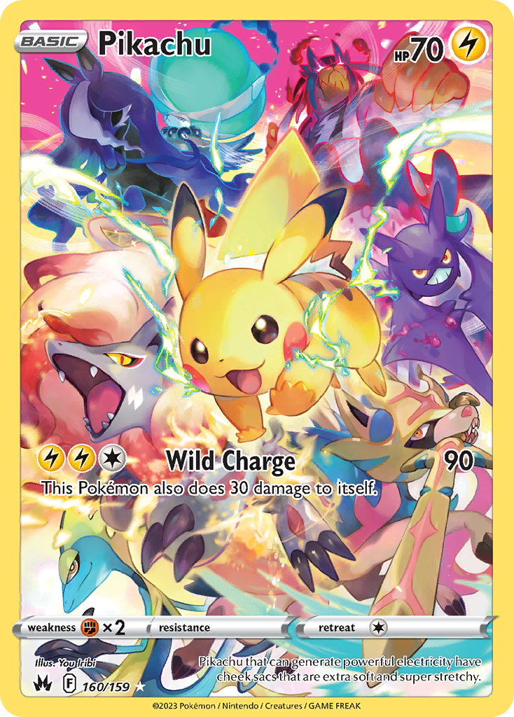 Pikachu, a secret rare Pokémon card from Crown Zenith (160/159): full-art Pikachu with the Wild Charge attack, legendary Pokémon behind it