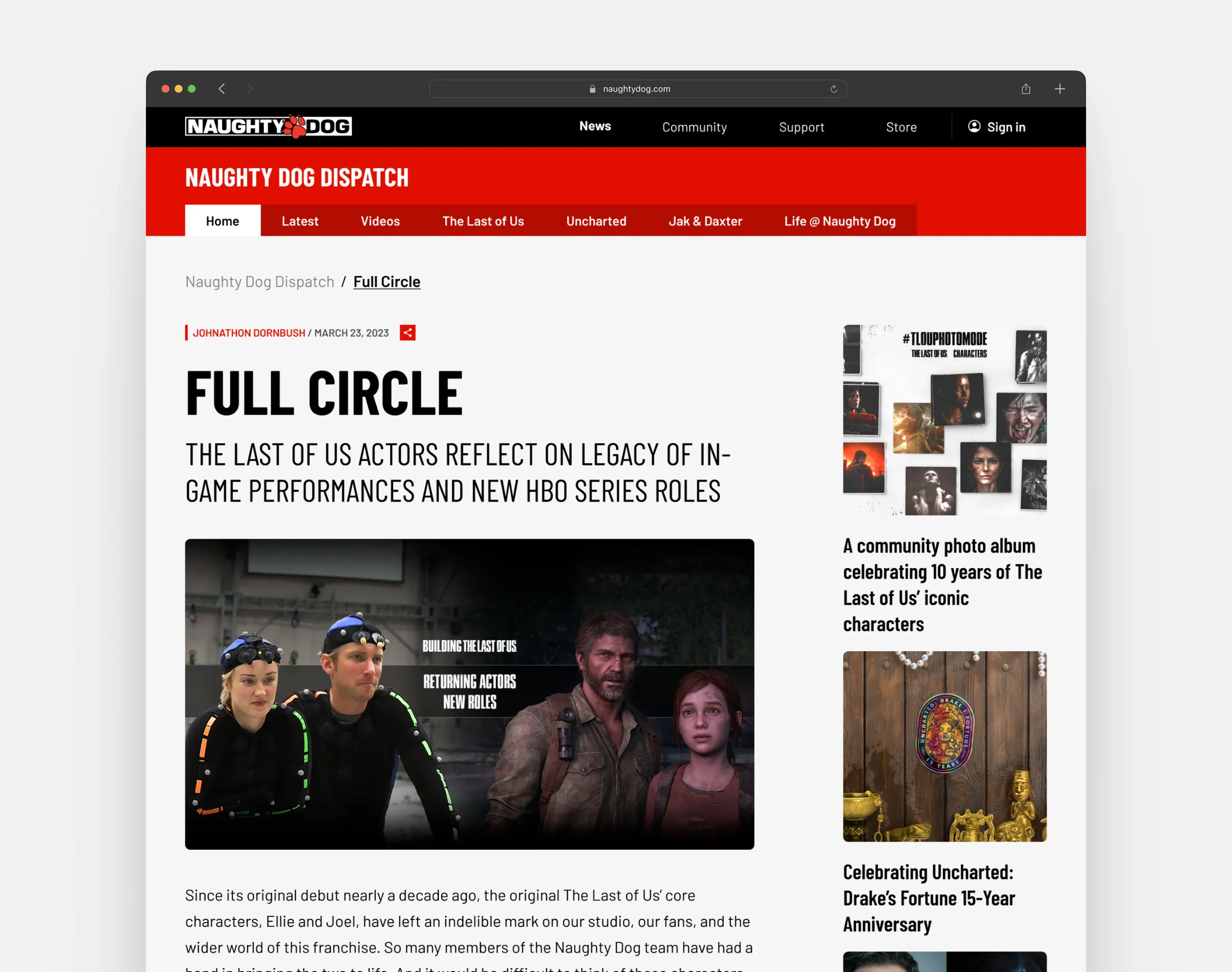A Dispatch article, Full Circle: The Last of Us actors reflect on their game performances and new HBO roles, with related studio stories in the sidebar.