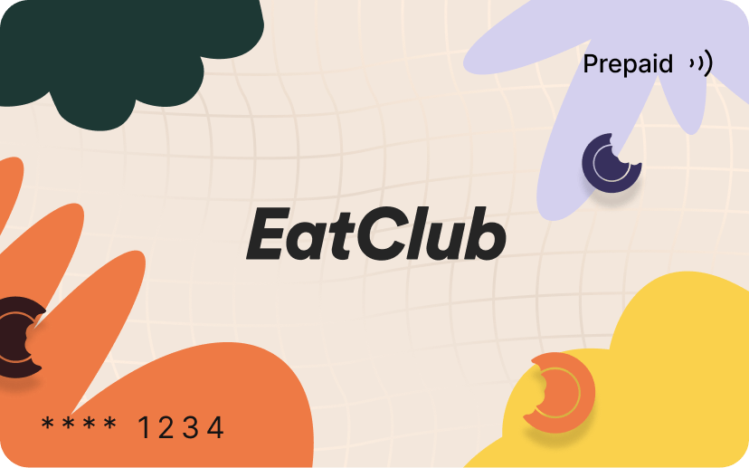 The EatClub prepaid card: the EatClub wordmark on cream with orange, yellow and lilac flower shapes, Prepaid and a contactless symbol in the top corner, and the card number ending 1234
