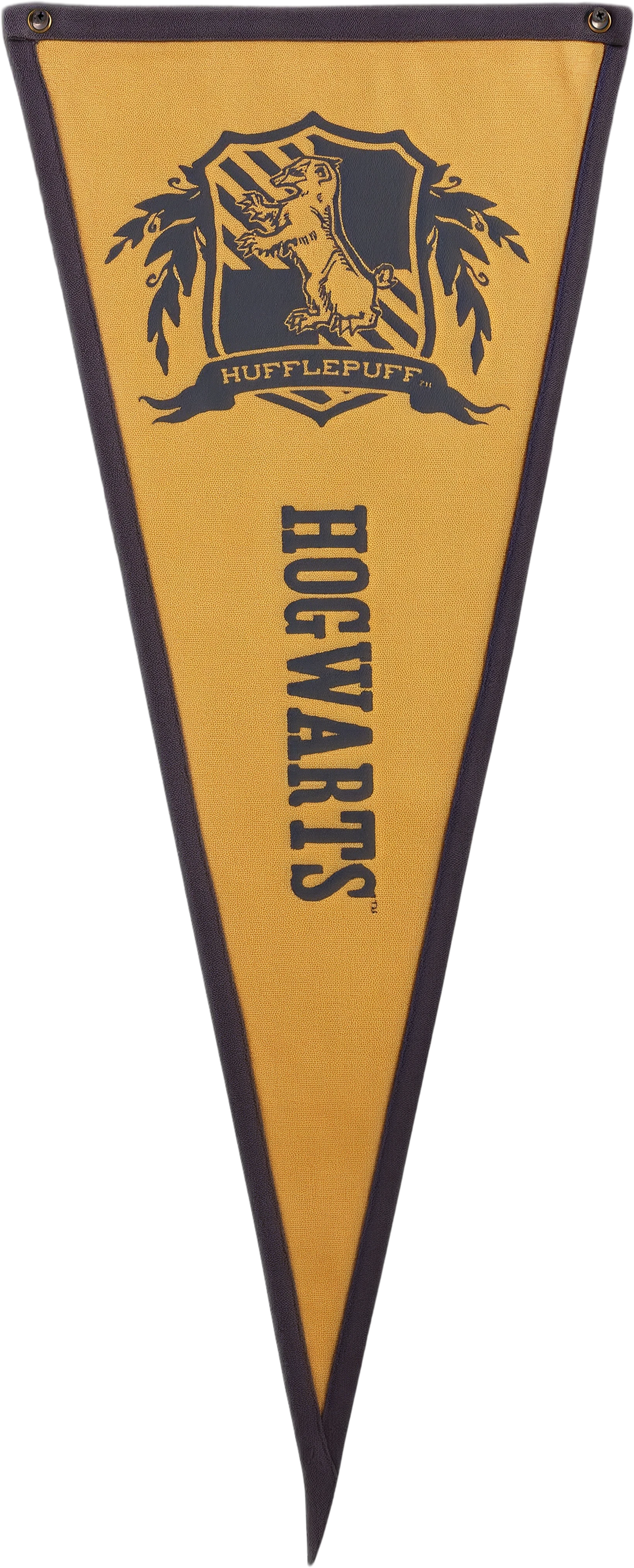 A long mustard felt Hogwarts pennant with a navy border: the Hufflepuff crest with its badger at the top and HOGWARTS down the middle, pinned up through the brass grommets at its two top corners