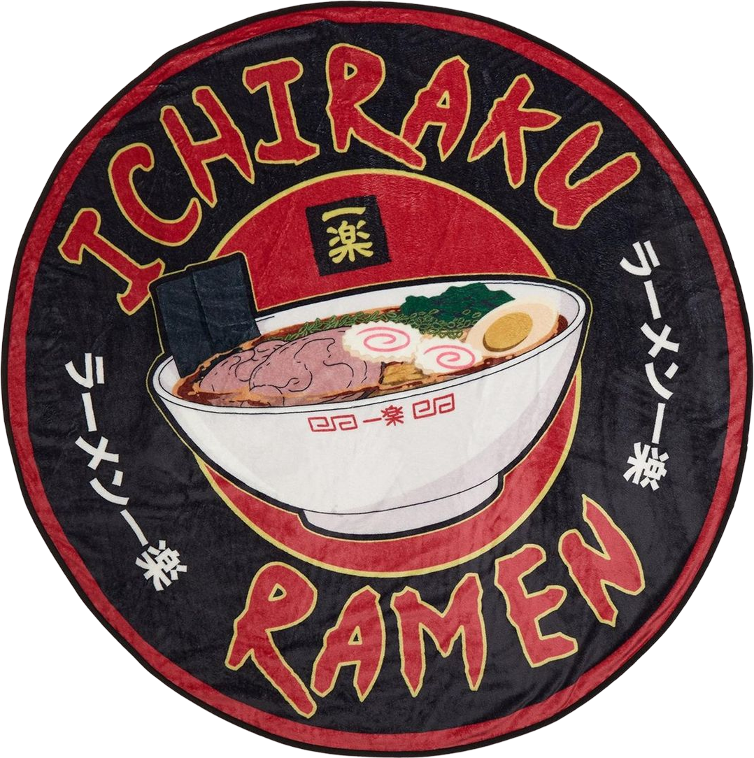 A round Ichiraku Ramen patch in red on black: a bowl of ramen with fish cake, egg and nori, ICHIRAKU arched above, RAMEN below and ラーメン一楽 down both sides