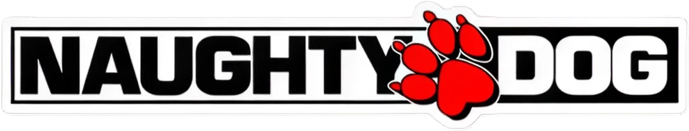 A die-cut Naughty Dog logo sticker with the red paw print