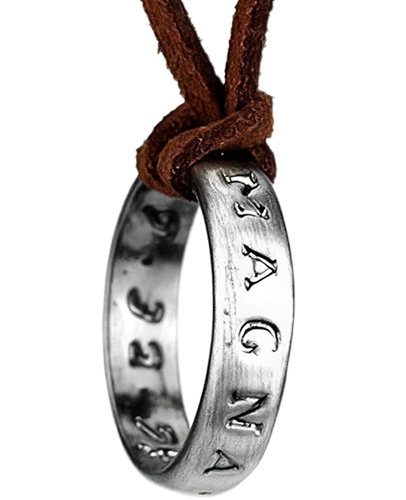 Two keyrings and a necklace from Naughty Dog games on one push pin: a rubber Crash Bandicoot charm, the pewter Firefly medallion from The Last of Us, and Nathan Drake's ring on its leather cord