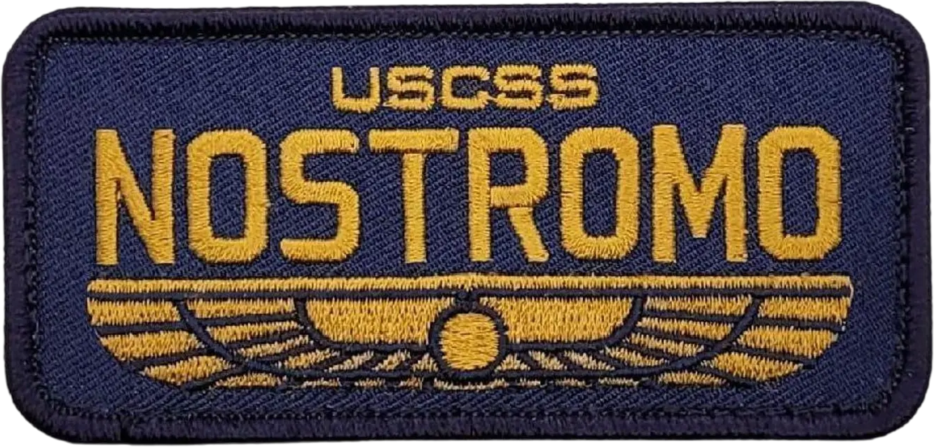 An embroidered navy USCSS Nostromo crew patch, the ship's name in gold over a winged emblem