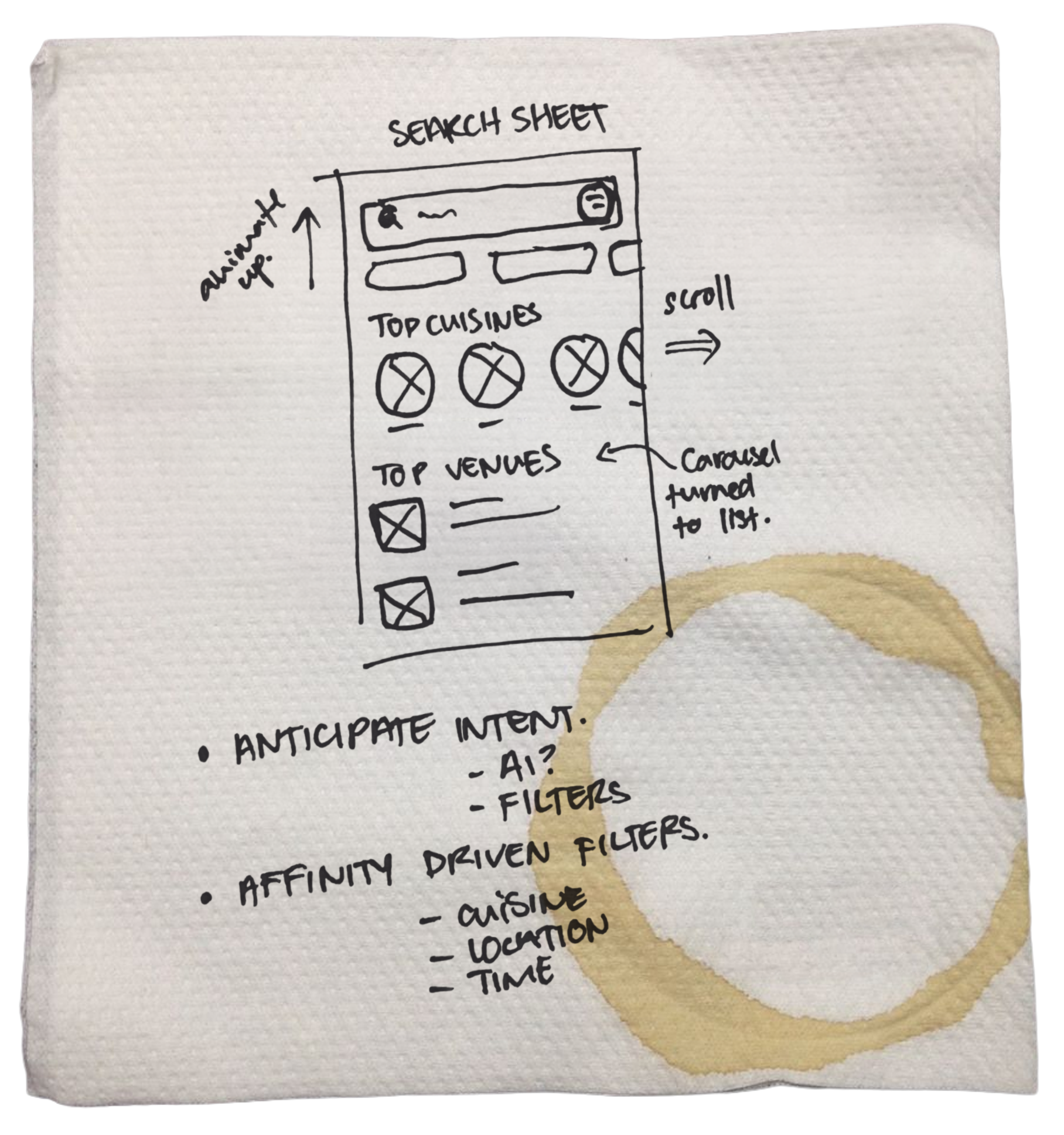 A white paper napkin with a coffee cup ring, sketched on in marker: a phone search sheet with a search bar, a top cuisines carousel and a top venues list, and notes reading anticipate intent and affinity driven filters