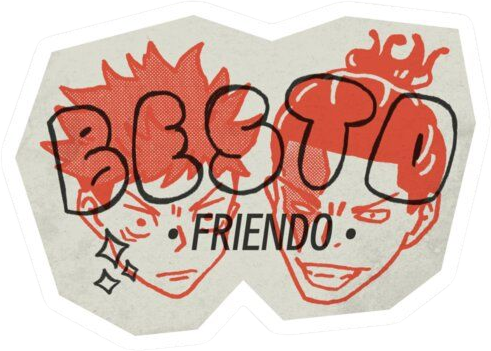 A die-cut sticker of two grinning anime characters drawn in red line on cream, with BESTO FRIENDO across them