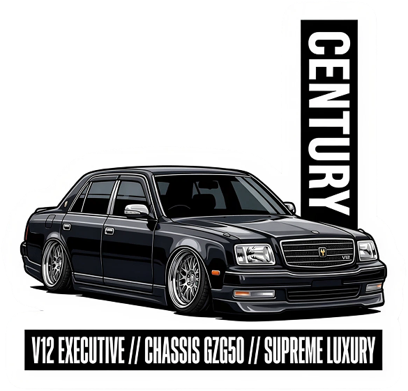 A die-cut car sticker: a lowered black Toyota Century sedan, CENTURY up a black band on the right and V12 EXECUTIVE // CHASSIS GZG50 // SUPREME LUXURY along the bottom