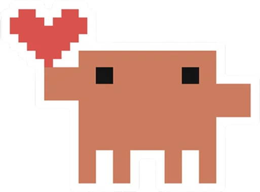 A die-cut pixel-art sticker of Claude's little orange critter: a square body with two black eyes and four stubby legs, with a red pixel heart floating above