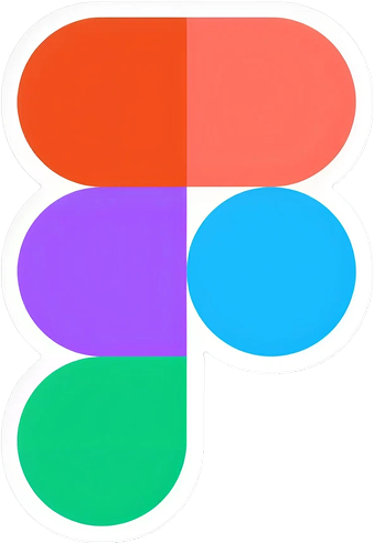 A die-cut Figma logo sticker: red, coral, purple, blue and green shapes stacked into the F