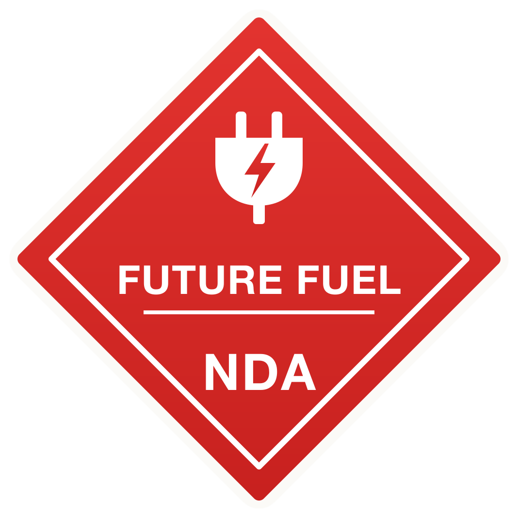 A die-cut red hazard diamond sticker like the placards on fuel tankers, with an electric plug and lightning bolt where the flame would be, FUTURE FUEL across the middle and NDA where the hazard class goes