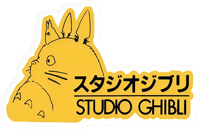 A die-cut Studio Ghibli sticker: Totoro's outline on yellow beside スタジオジブリ and STUDIO GHIBLI