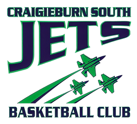 A die-cut Craigieburn South Jets Basketball Club sticker: JETS in navy with a green outline and three green fighter jets climbing away