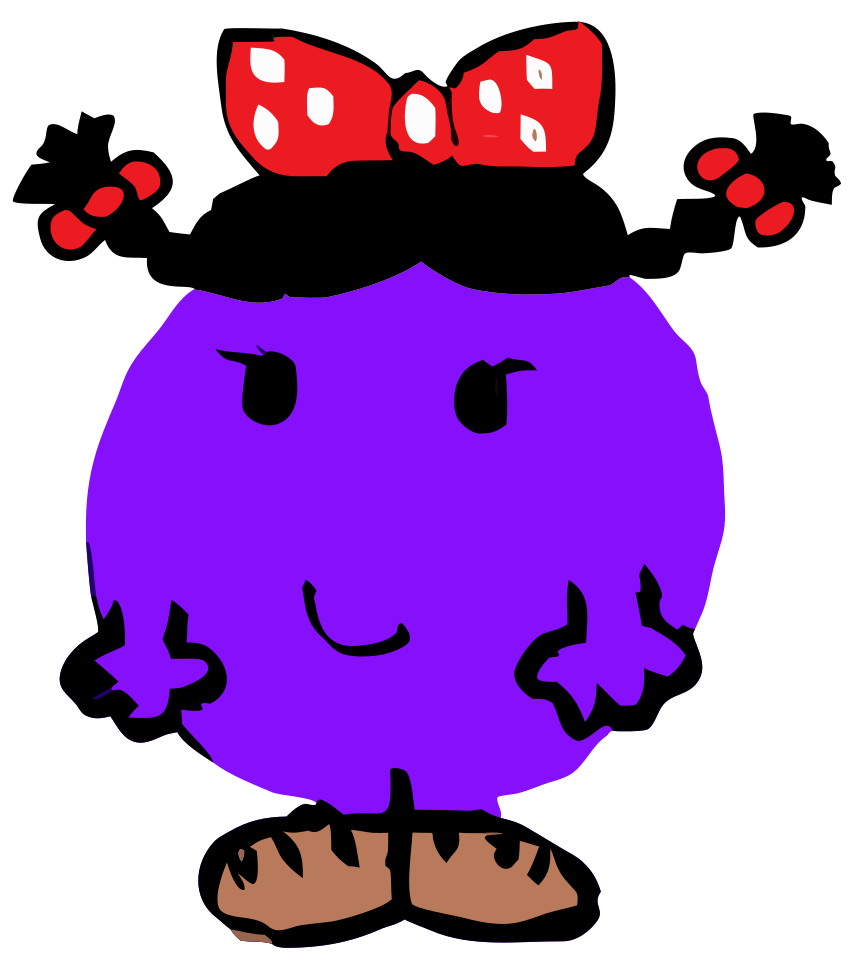 A die-cut sticker of Little Miss Shy: a round purple character with a red polka-dot bow, black pigtails tied with red bobbles and brown shoes, smiling shyly