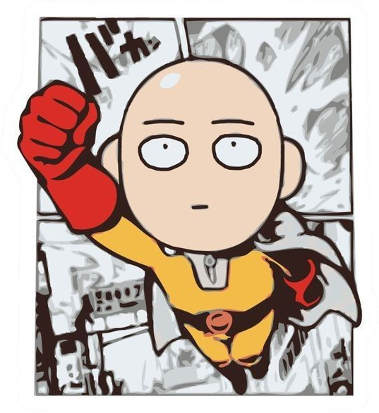 A die-cut One Punch Man sticker: Saitama, bald and blank-faced in his yellow suit, red gloves and white cape, flying fist-first out of a manga panel