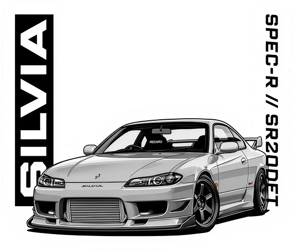 A die-cut car sticker: a silver Nissan Silvia S15, SILVIA up a black band on the left and SPEC-R // SR20DET down the right