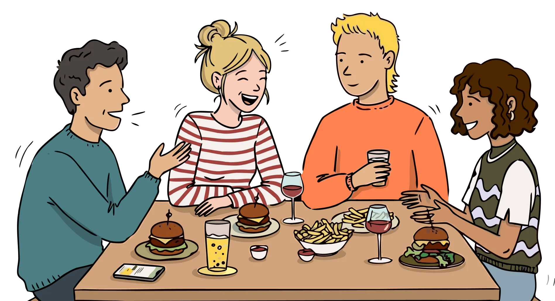 A drawing of four friends laughing over burgers, fries and drinks at a table, in a clear plastic sleeve under dark cellophane, with a paper torch to slide along the bottom that lights them up one by one