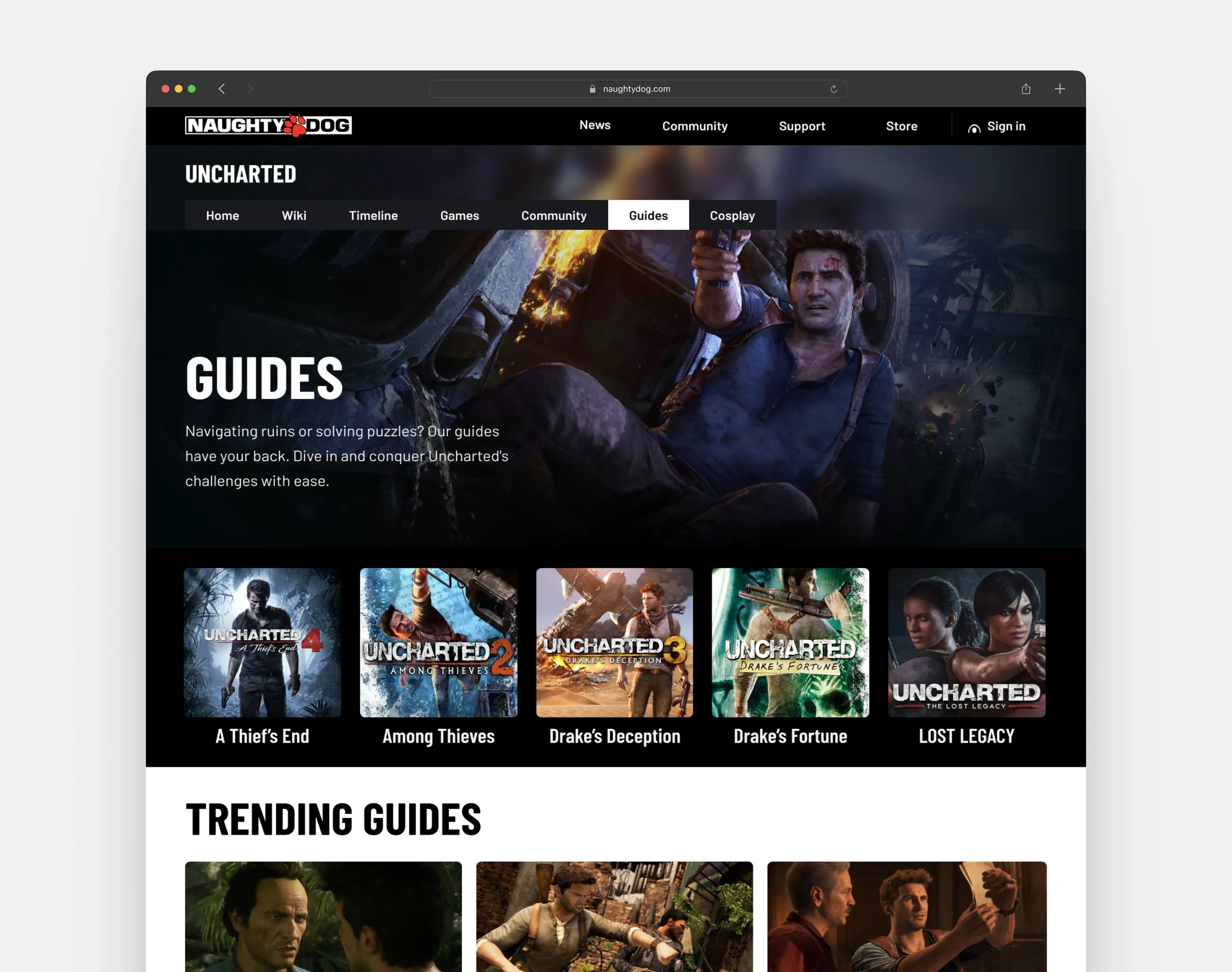 Uncharted Guides: pick a game, from A Thief's End to The Lost Legacy, with trending guides below.