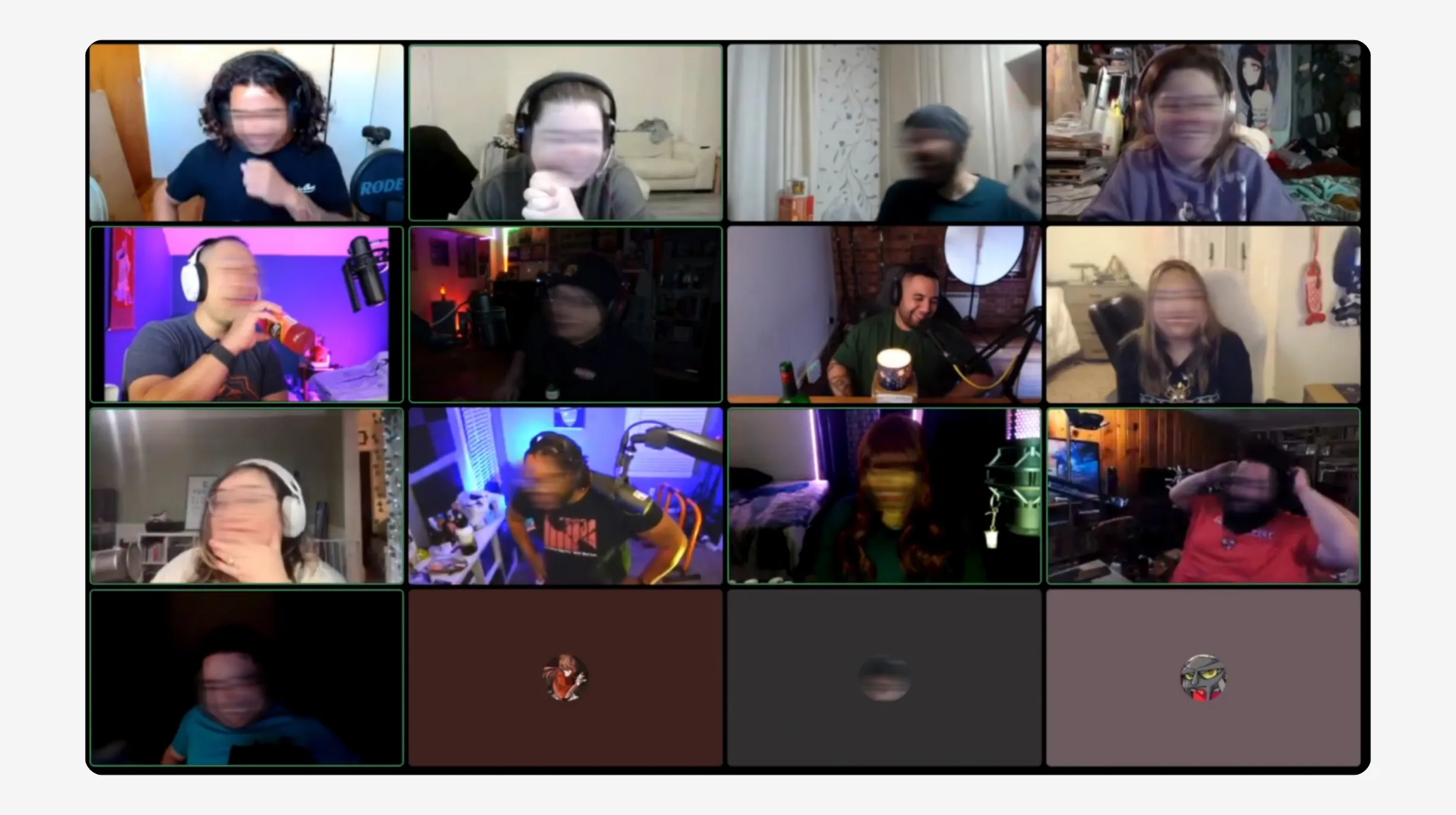 A remote prototype testing session: a grid of participants on a video call, faces blurred.