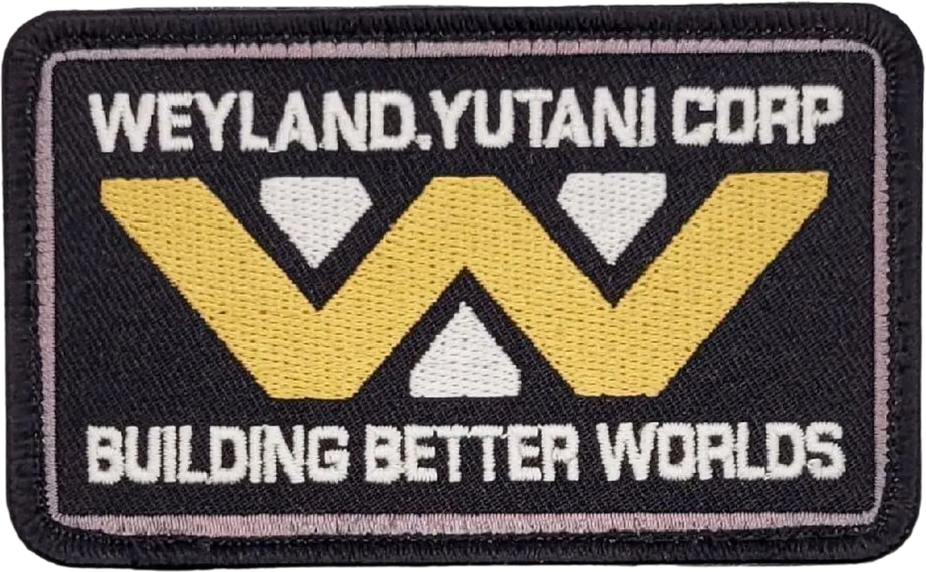 An embroidered black Weyland-Yutani Corp patch with the gold W logo and the line Building Better Worlds