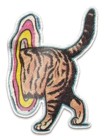 A die-cut comic-style sticker of a tabby cat walking into a pink and yellow portal, only its back half and tail still showing