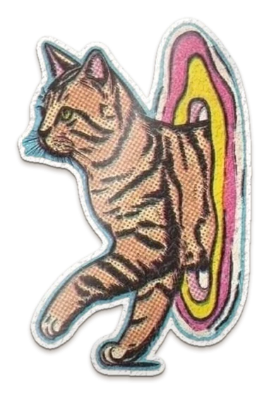 A die-cut comic-style sticker of a tabby cat stepping out of a pink and yellow portal, front half first
