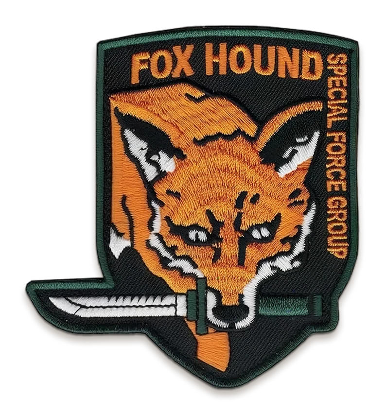 An embroidered FOXHOUND Special Force Group patch from Metal Gear Solid: a fox's head with a knife in its teeth