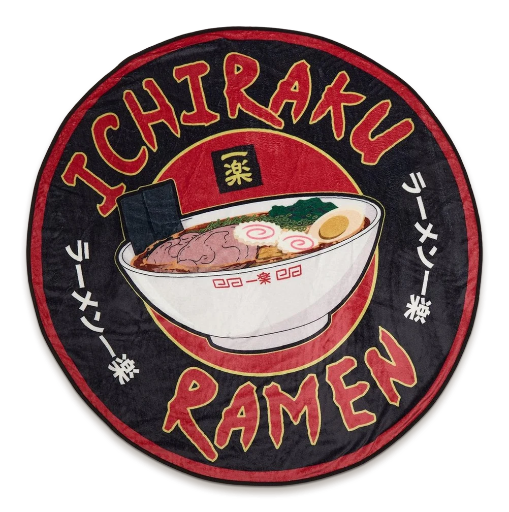 A round Ichiraku Ramen patch in red on black: a bowl of ramen with fish cake, egg and nori, ICHIRAKU arched above, RAMEN below and ラーメン一楽 down both sides