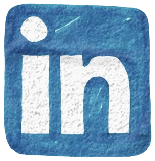 A hand-cut paper LinkedIn logo coloured in with blue marker, the letters "in" left as white paper