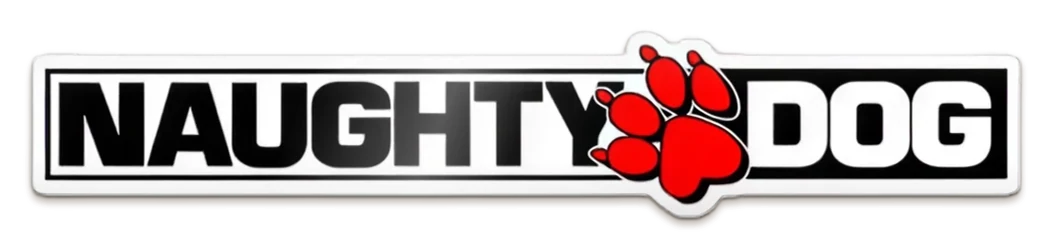 A die-cut Naughty Dog logo sticker with the red paw print