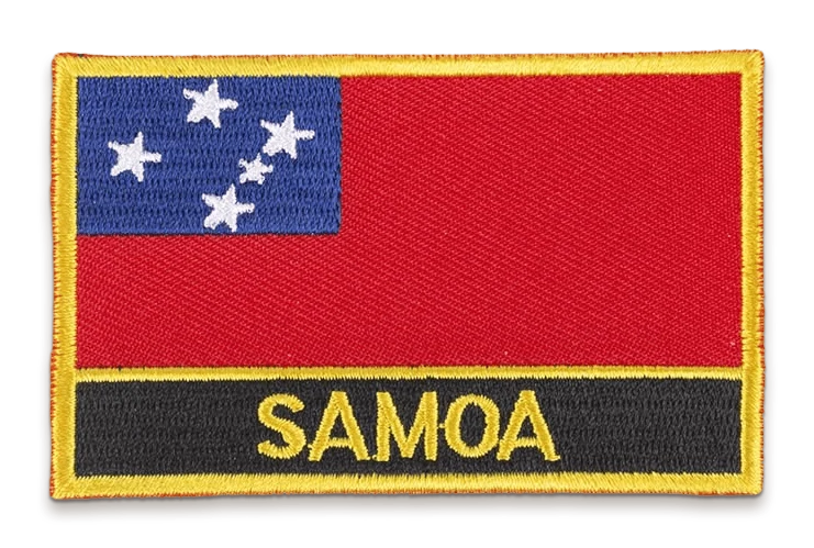An embroidered Samoa flag patch with a gold stitched border: red field, blue canton with five white stars of the Southern Cross, and SAMOA in gold thread on a black band below
