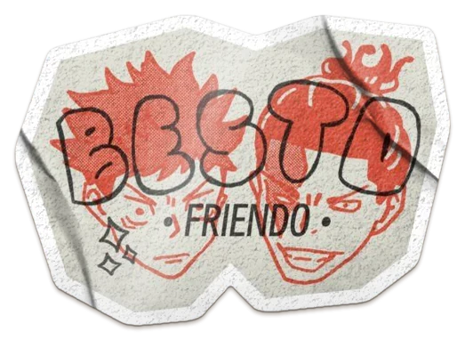 A die-cut sticker of two grinning anime characters drawn in red line on cream, with BESTO FRIENDO across them