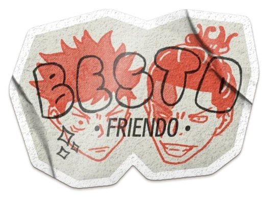 A die-cut sticker of two grinning anime characters drawn in red line on cream, with BESTO FRIENDO across them