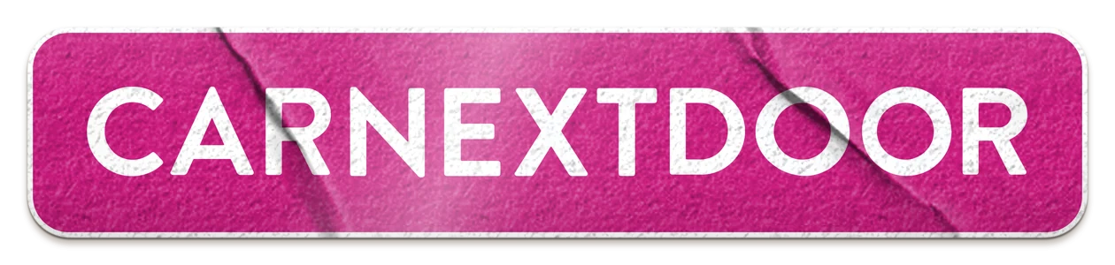 A die-cut Car Next Door logo sticker: the white CARNEXTDOOR wordmark on a black rounded rectangle
