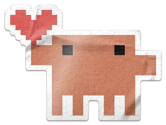 A die-cut pixel-art sticker of Claude's little orange critter: a square body with two black eyes and four stubby legs, with a red pixel heart floating above