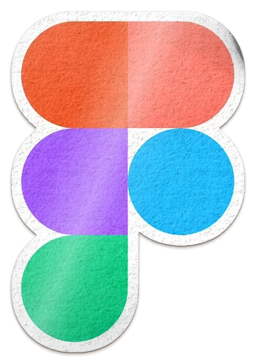 A die-cut Figma logo sticker: red, coral, purple, blue and green shapes stacked into the F