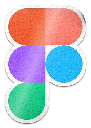 A die-cut Figma logo sticker: red, coral, purple, blue and green shapes stacked into the F