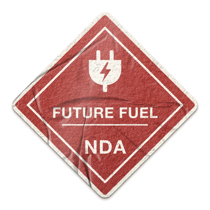 A die-cut red hazard diamond sticker like the placards on fuel tankers, with an electric plug and lightning bolt where the flame would be, FUTURE FUEL across the middle and NDA where the hazard class goes