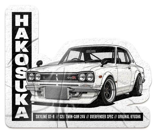 A die-cut car sticker: a white Nissan Skyline GT-R Hakosuka with overfenders, HAKOSUKA down a black band on the left and SKYLINE GT-R // S20 TWIN-CAM 24V // OVERFENDER SPEC // ORIGINAL KYUSHA along the bottom