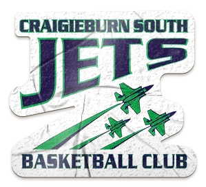 A die-cut Craigieburn South Jets Basketball Club sticker: JETS in navy with a green outline and three green fighter jets climbing away