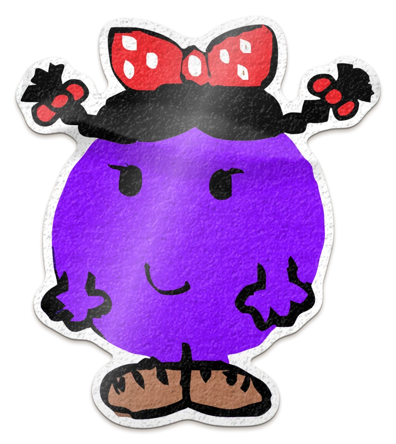 A die-cut sticker of Little Miss Shy: a round purple character with a red polka-dot bow, black pigtails tied with red bobbles and brown shoes, smiling shyly