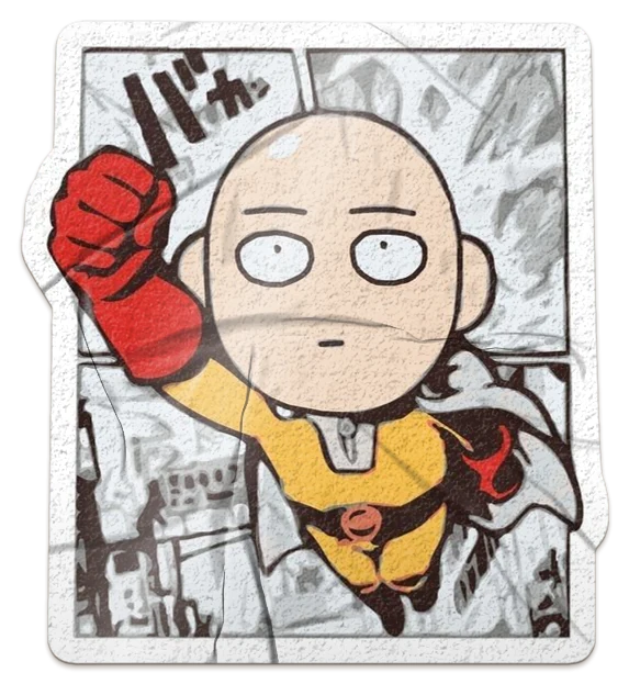 A die-cut One Punch Man sticker: Saitama, bald and blank-faced in his yellow suit, red gloves and white cape, flying fist-first out of a manga panel