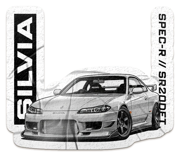 A die-cut car sticker: a silver Nissan Silvia S15, SILVIA up a black band on the left and SPEC-R // SR20DET down the right